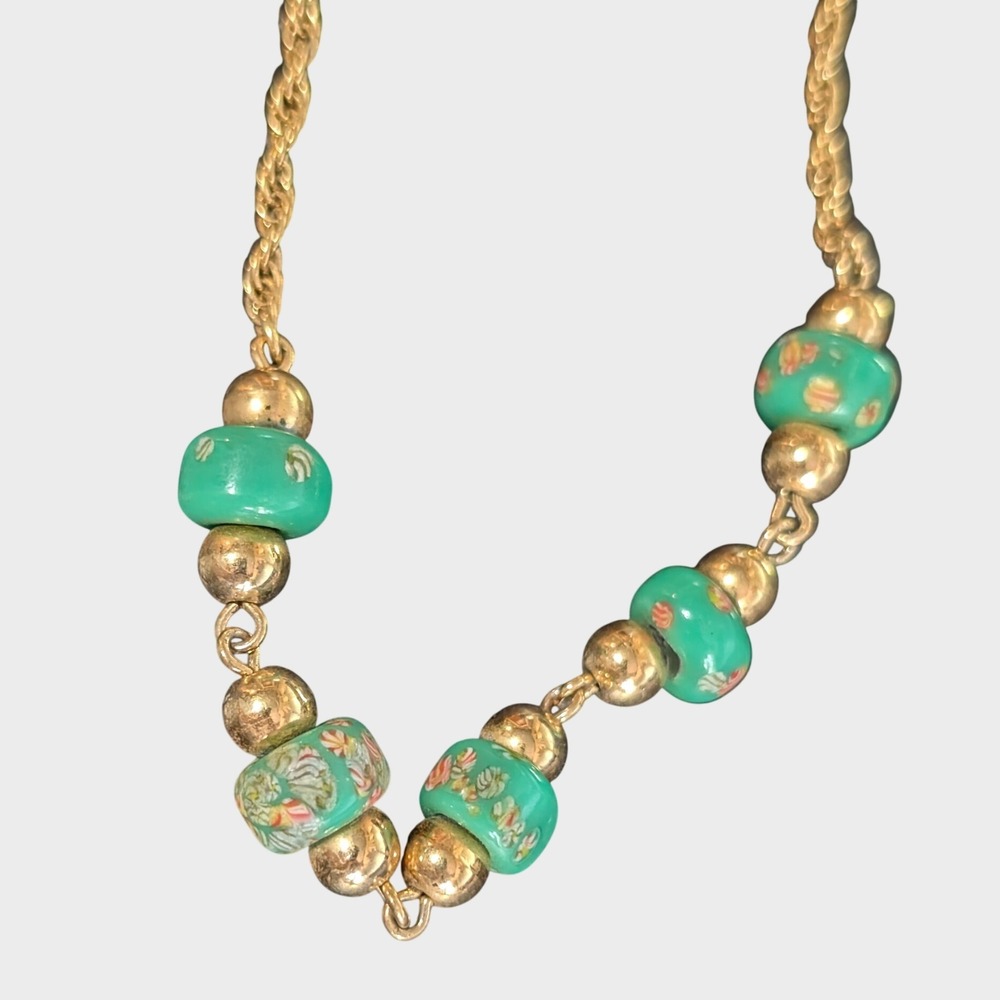 Vintage Green Necklace Trifari Gold Tone Floral Glass Bead Rope Chain